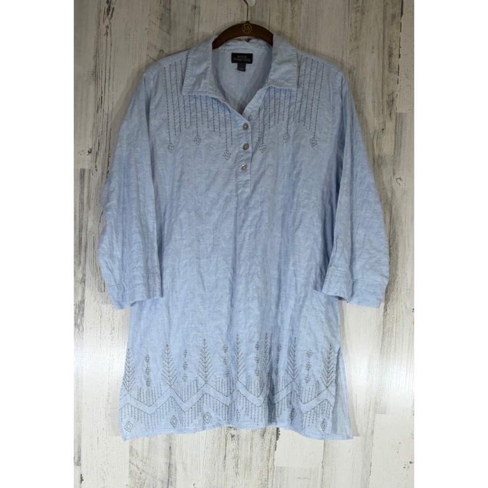 Nomadic Traders Popover Tunic Large Light Blue Embroidered Cotton Blend Beach